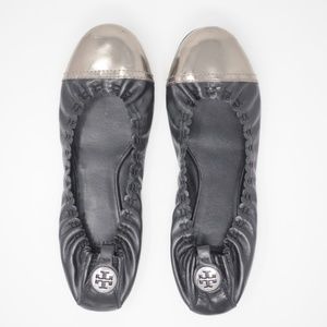Tory Burch Abby Leather Flats Pewter Toe Black 8